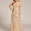 Women's Sexy Sleeveless V-Neck Evening Gowns Empire Waist Sequin Embroidery Formal Dress