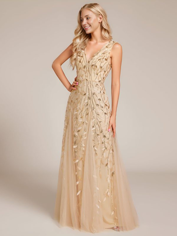 Women's Sexy Sleeveless V-Neck Evening Gowns Empire Waist Sequin Embroidery Formal Dress