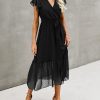 Women Summer Bohemian Floral Casual Wrap V Neck Ruffle Cap Sleeveless Belt A-Line Pleated Hem Midi Sun Dress White