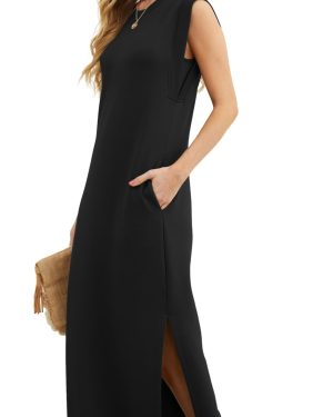 2025 Women Summer Round Neck Casual Loose Split Wrinkle-Free Long Maxi Vacation Dress with Pockets (XS-3XL)