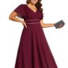 Women's V-Neck Chiffon Beading Short Ruffles Sleeves Maxi Plus Size Formal Evening Dresses