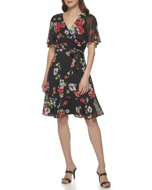 Women's Fit and Flare V Neck Cape Sleeve Dress