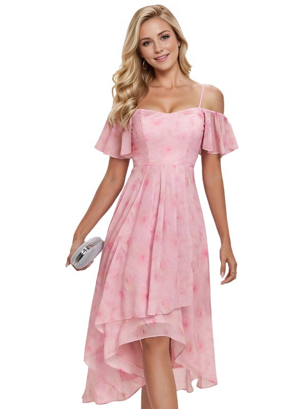 Women's Summer Cold Shoulder Hi-Lo Asymmetrical Hem Flowy Chiffon Short Wedding Guest Dress 02103