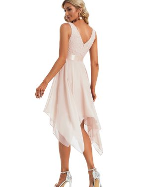 Women's Vintage V Neck Irregular Hem Lace A Line Chiffon Cocktail Dresses 00207