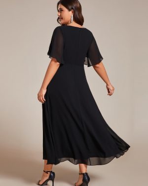 Women's V Neck Pleated Chiffon Applique Ruffles Sleeves Maxi Plus Size Formal Wedding Guest Dresses