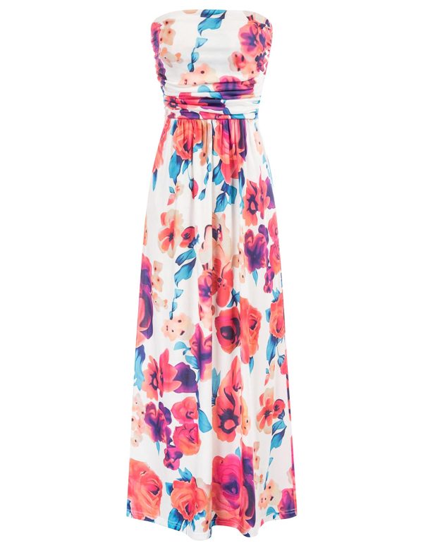 Women Strapless Casual Loose Ruched Long Maxi Dress with Pockets