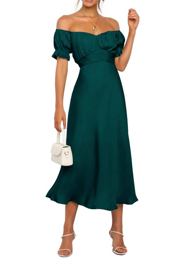 Women's 2025 Summer Satin Midi Dress Off The Shoulder Wrap Ruched Wedding Guest Party Cocktail Formal Prom Dresses