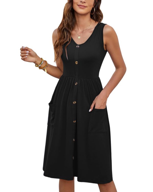 Women Summer Dresses Sleeveless Casual Loose Swing Button Down Midi Dress with Pockets