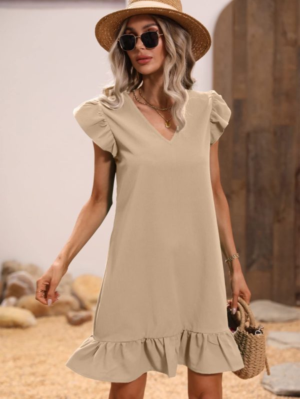 Summer Dresses for Women V Neck Cap Sleeve Ruffle Hem Smock Short Dress