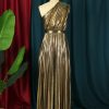 Women's Luxury Metallic One Shoulder Sleeveless Elegant Pleated Long Dress