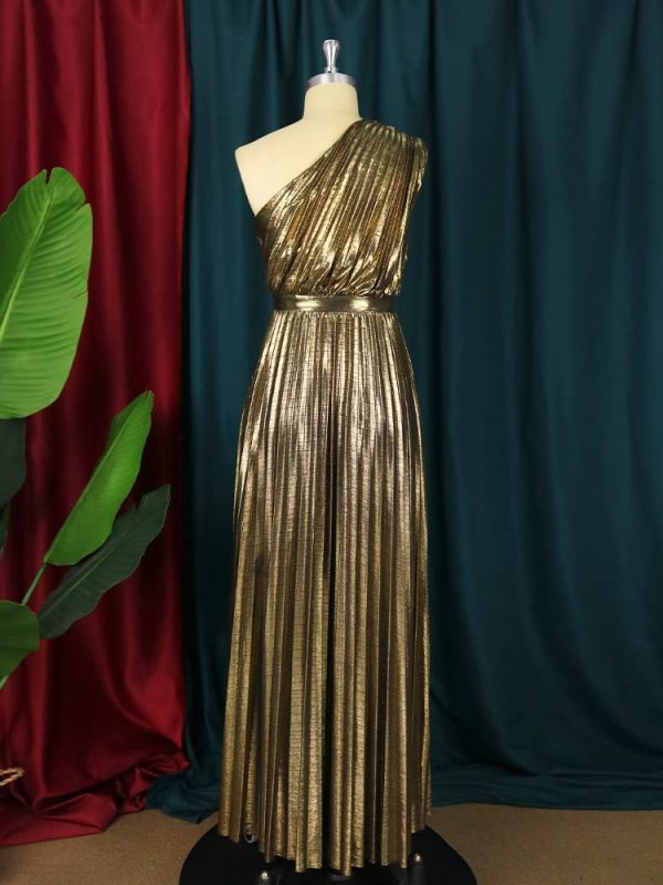 Women's Luxury Metallic One Shoulder Sleeveless Elegant Pleated Long Dress