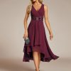 Women's Hi-Lo Sleeveless V Neck Appliques Flowy Chiffon Midi Formal Dress for Wedding Guest 41926