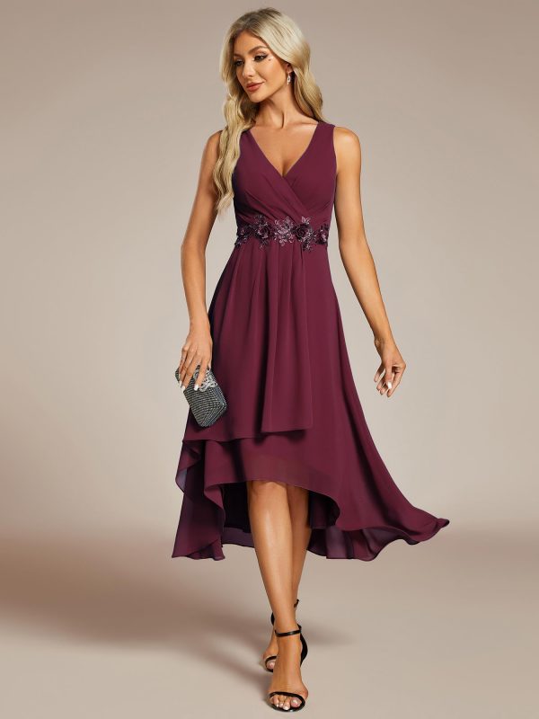 Women's Hi-Lo Sleeveless V Neck Appliques Flowy Chiffon Midi Formal Dress for Wedding Guest 41926