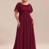 Women's Summer Round Neck A Line Pleated Chiffon Short Sleeves Plus Size Formal Gowns Bridesmaid Dresses