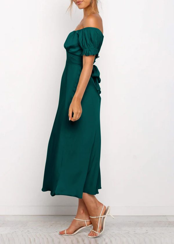 Women's 2025 Summer Satin Midi Dress Off The Shoulder Wrap Ruched Wedding Guest Party Cocktail Formal Prom Dresses