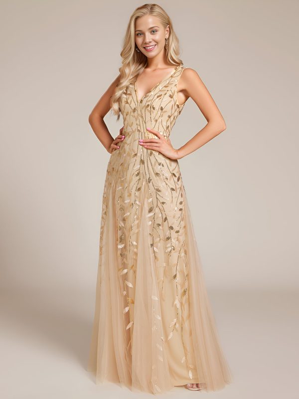 Women's Sexy Sleeveless V-Neck Evening Gowns Empire Waist Sequin Embroidery Formal Dress