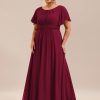 Women's Summer Round Neck A Line Pleated Chiffon Short Sleeves Plus Size Formal Gowns Bridesmaid Dresses