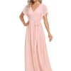Women's Bridesmaid Dress V-Neck Ruffle Sleeves Ruched Bust Floor Length Chiffon Formal Dresses 0164A