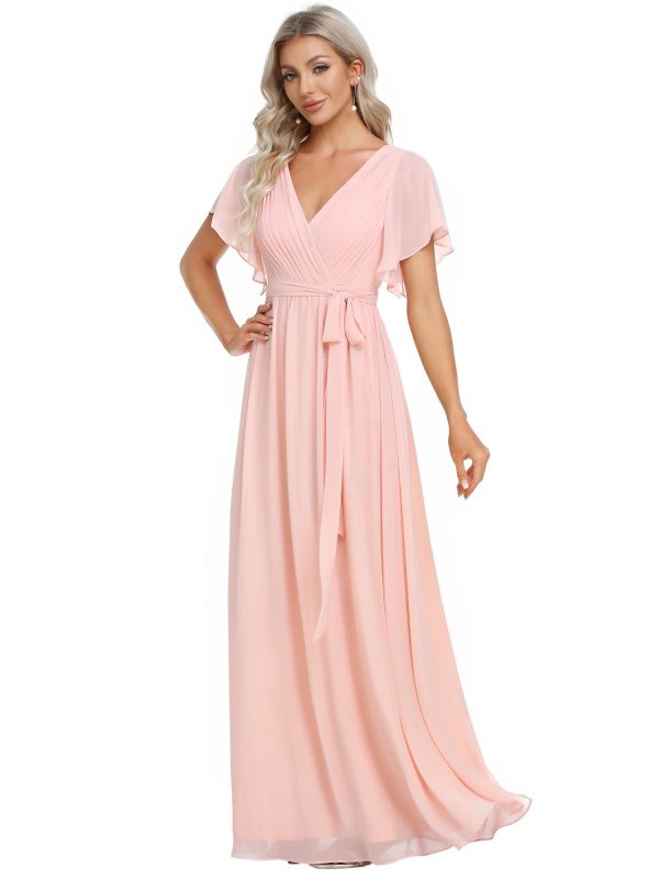 Women's Bridesmaid Dress V-Neck Ruffle Sleeves Ruched Bust Floor Length Chiffon Formal Dresses 0164A