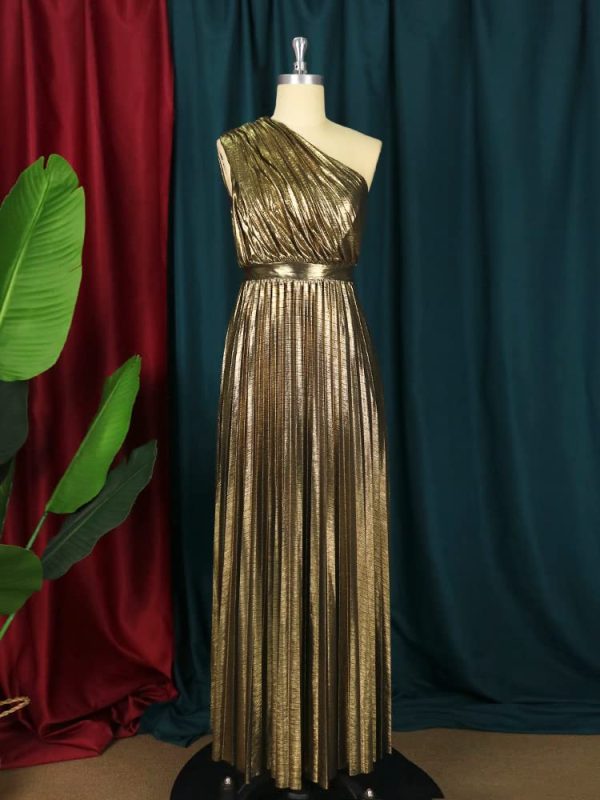 Women's Luxury Metallic One Shoulder Sleeveless Elegant Pleated Long Dress