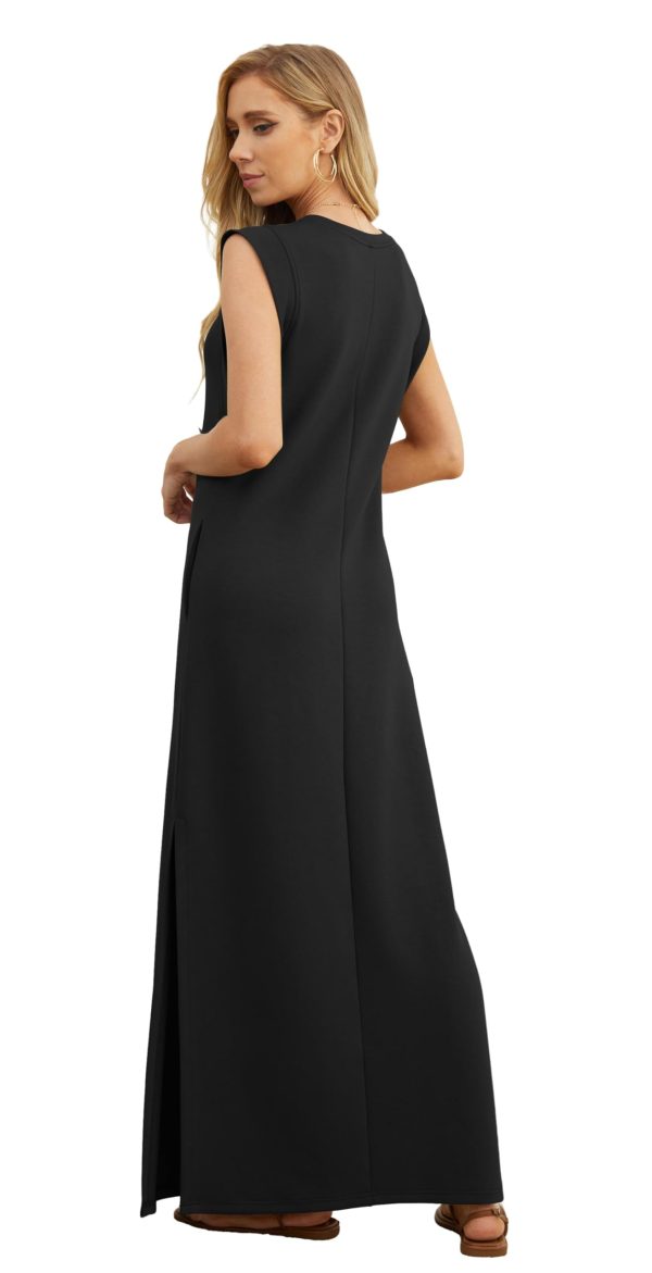 2025 Women Summer Round Neck Casual Loose Split Wrinkle-Free Long Maxi Vacation Dress with Pockets (XS-3XL)