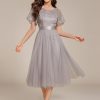 Women's Round Neck Lace Embroidered Short Sleeve A Line Tea-Length Cocktail Dress 02293
