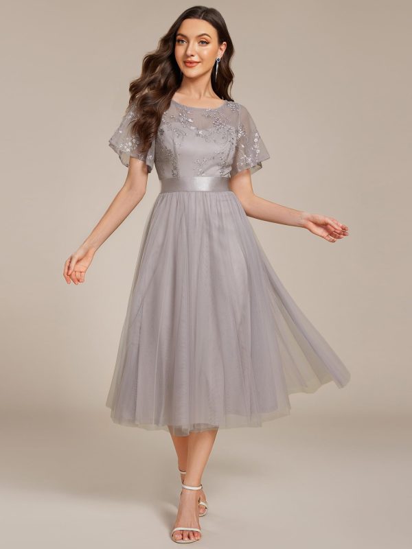 Women's Round Neck Lace Embroidered Short Sleeve A Line Tea-Length Cocktail Dress 02293