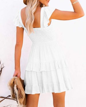 Women Summer Dresses Casual Boho Smocked Ruffle Sun Beach Babydoll Mini Dress Layered Flowy Swing Dress