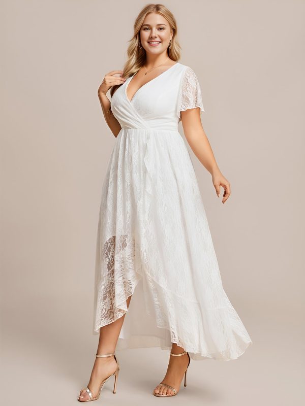 Women's V Neck Ruffles Sleeves High Low Lace Plus Size Summer Cocktail Party Wedding Guest Dresses 01489-DAPH
