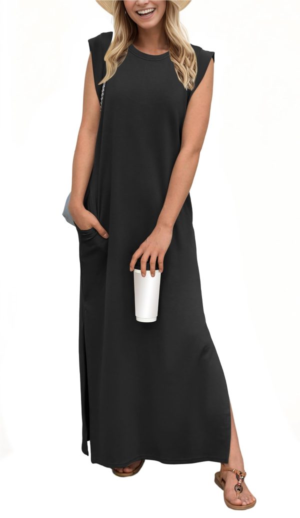 2025 Women Summer Round Neck Casual Loose Split Wrinkle-Free Long Maxi Vacation Dress with Pockets (XS-3XL)