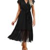 Women Summer Bohemian Floral Casual Wrap V Neck Ruffle Cap Sleeveless Belt A-Line Pleated Hem Midi Sun Dress White