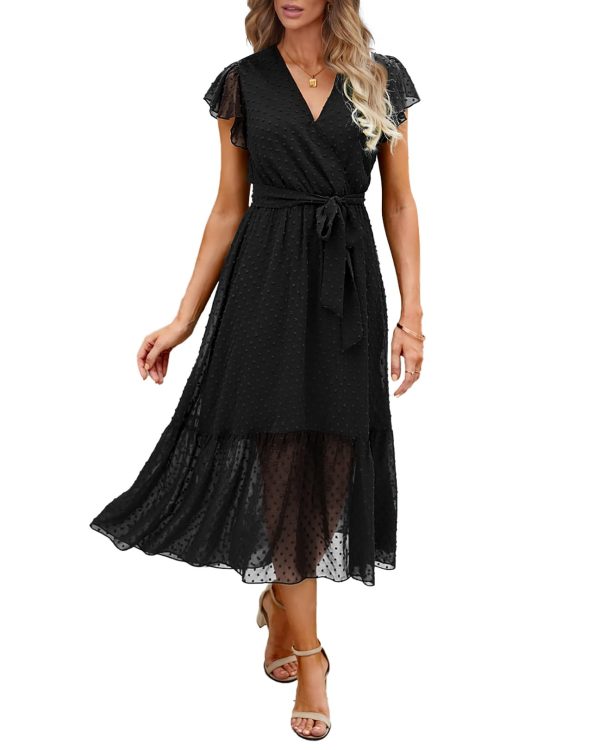 Women Summer Bohemian Floral Casual Wrap V Neck Ruffle Cap Sleeveless Belt A-Line Pleated Hem Midi Sun Dress White