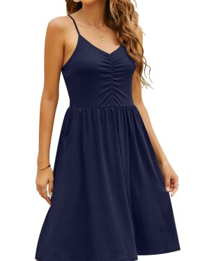 Casual Dresses for Women Sleeveless Cotton Summer Beach Dress A Line Spaghetti Strap Sundresses with Pockets