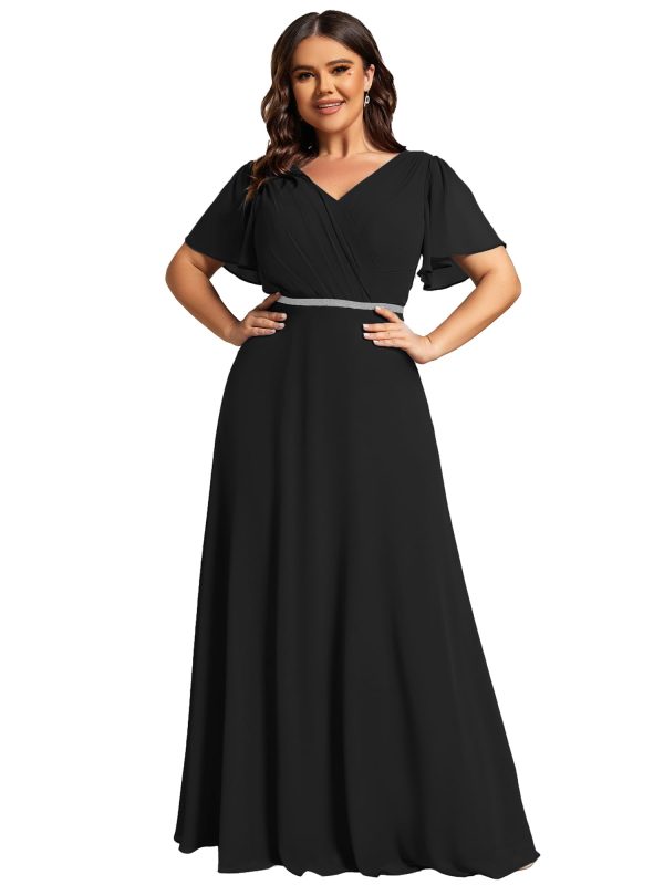 Beading Waist A Line Short Sleeves Chiffon Plus Size Maxi Formal Evening Dresses for Curvy Women 11981-DA
