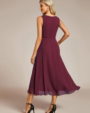 Women's Hi-Lo Sleeveless V Neck Appliques Flowy Chiffon Midi Formal Dress for Wedding Guest 41926
