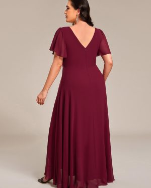 Women's V-Neck Chiffon Beading Short Ruffles Sleeves Maxi Plus Size Formal Evening Dresses