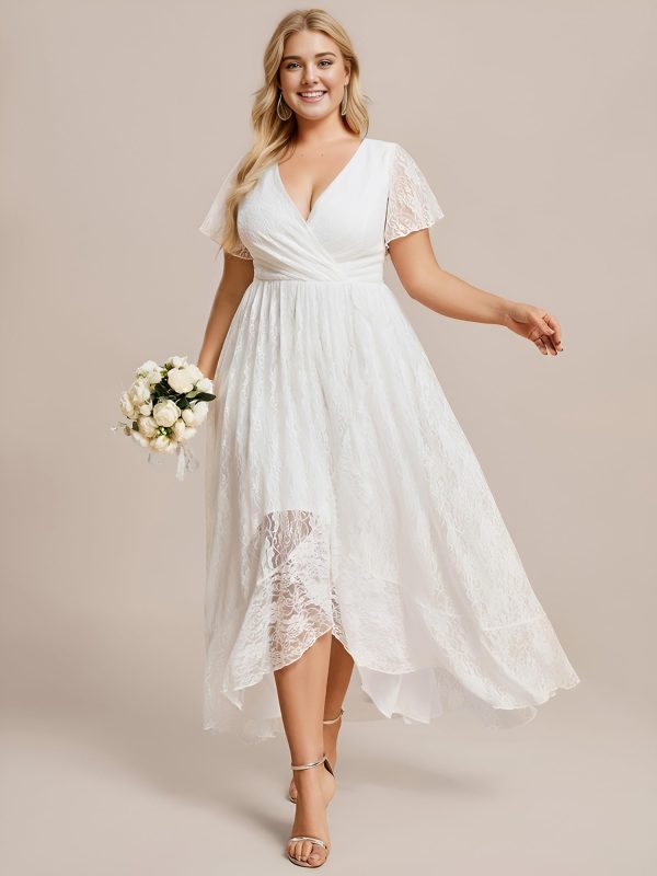 Women's V Neck Ruffles Sleeves High Low Lace Plus Size Summer Cocktail Party Wedding Guest Dresses 01489-DAPH
