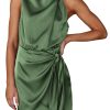 Women's Short Formal Satin Dress Summer Sleeveless Mock Neck Tie Waist Cocktail Party Dresses