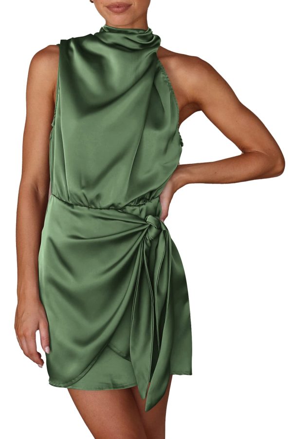 Women's Short Formal Satin Dress Summer Sleeveless Mock Neck Tie Waist Cocktail Party Dresses