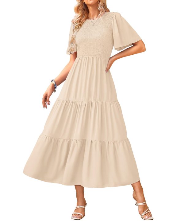 Womens Fashion 2025 Spring Summer Casual Flutter Short Sleeve Midi Dress Smocked Tiered Aline Going Out Dresses