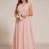 Women's Round Neck A Line Sequin Waist Hollow Out Plus Size Chiffon Maxi Formal Bridesmaid Dresses 01955-DA