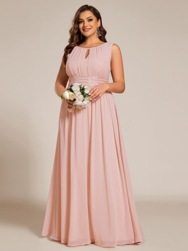 Women's Round Neck A Line Sequin Waist Hollow Out Plus Size Chiffon Maxi Formal Bridesmaid Dresses 01955-DA