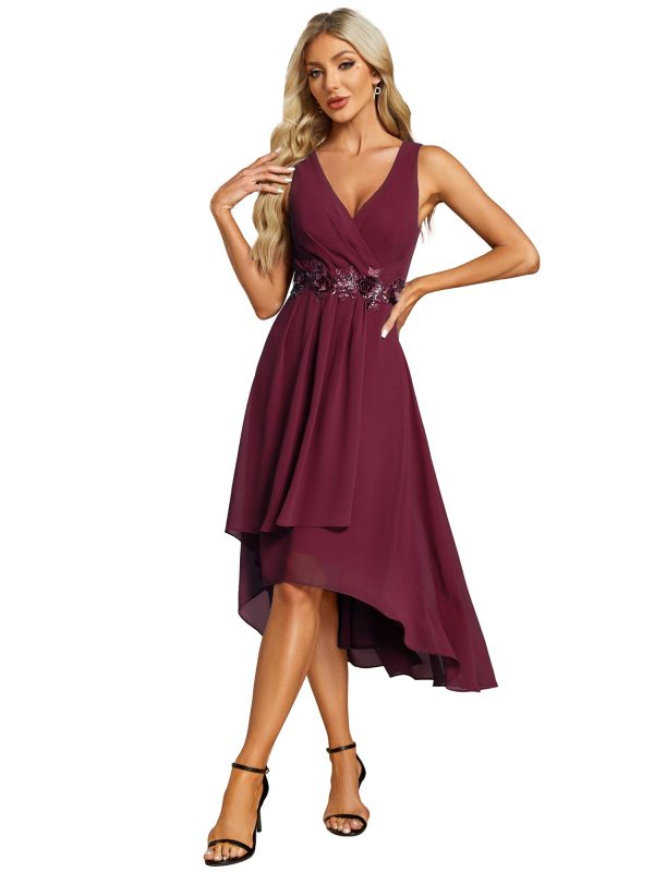 Women's Hi-Lo Sleeveless V Neck Appliques Flowy Chiffon Midi Formal Dress for Wedding Guest 41926