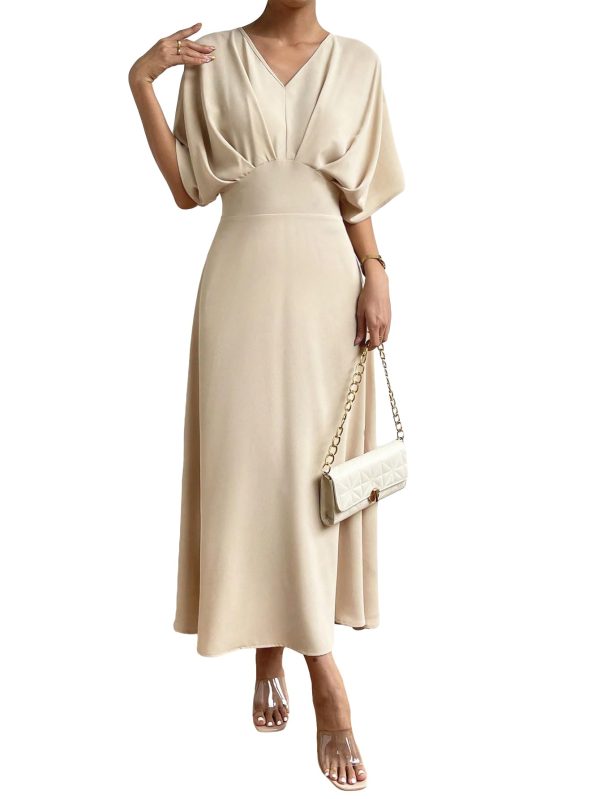Women's V Neck Half Sleeve Ruched Cocktail Evening A Line Long Dress