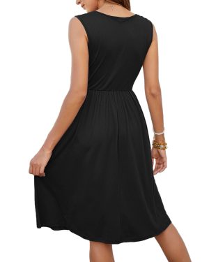 Women Summer Dresses Sleeveless Casual Loose Swing Button Down Midi Dress with Pockets