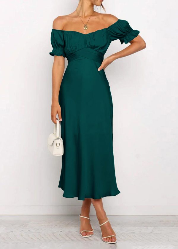 Women's 2025 Summer Satin Midi Dress Off The Shoulder Wrap Ruched Wedding Guest Party Cocktail Formal Prom Dresses