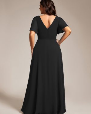 Beading Waist A Line Short Sleeves Chiffon Plus Size Maxi Formal Evening Dresses for Curvy Women 11981-DA