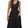 Women Summer Dresses Sleeveless Casual Loose Swing Button Down Midi Dress with Pockets