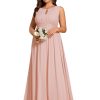 Women's Round Neck A Line Sequin Waist Hollow Out Plus Size Chiffon Maxi Formal Bridesmaid Dresses 01955-DA