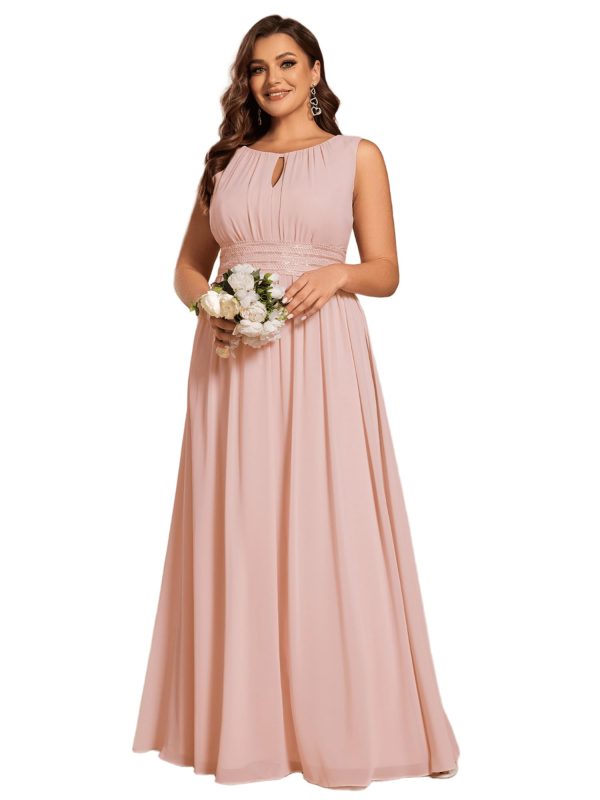 Women's Round Neck A Line Sequin Waist Hollow Out Plus Size Chiffon Maxi Formal Bridesmaid Dresses 01955-DA